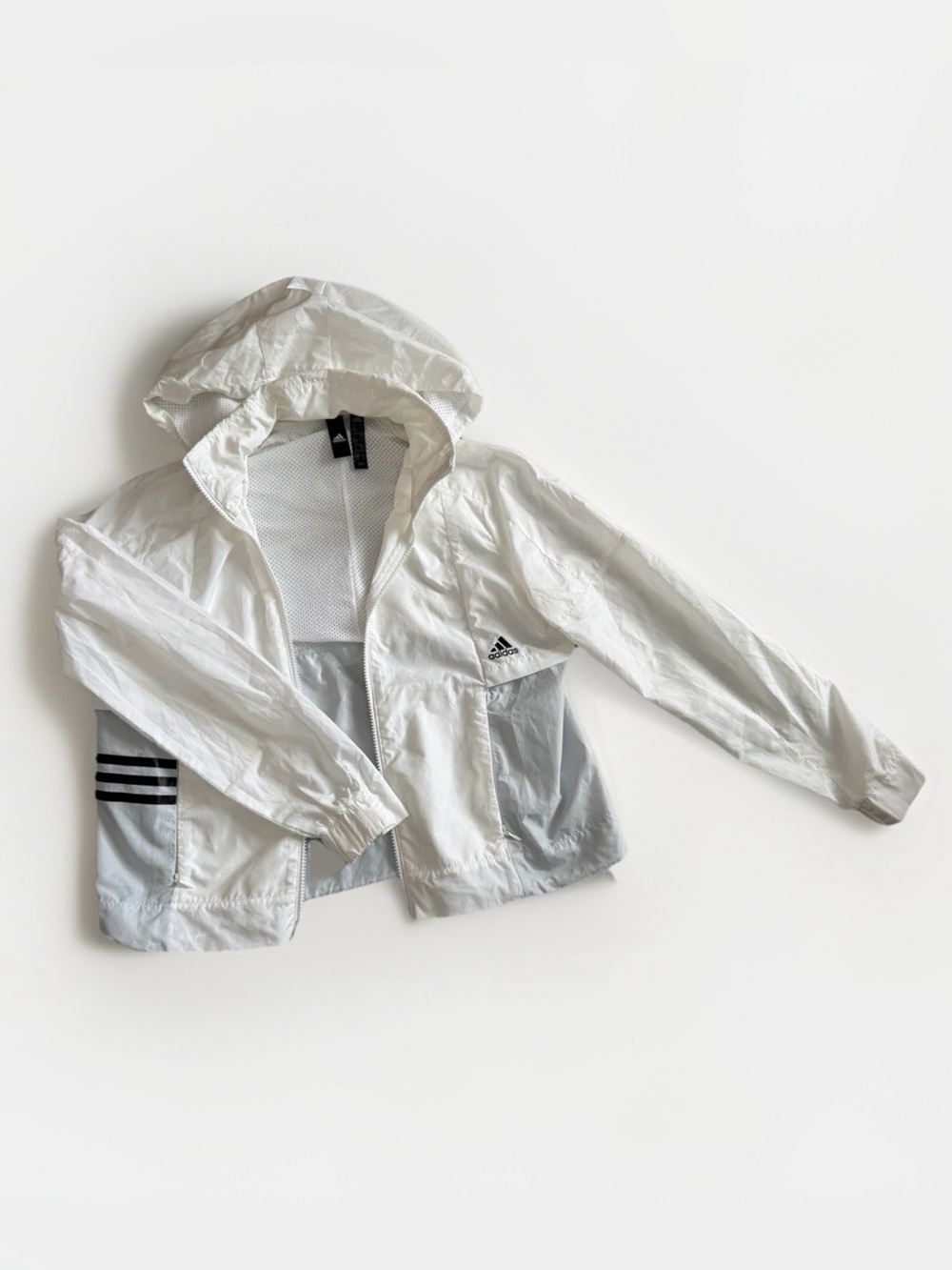 adidas White Hooded Breathable Jacket with Black Logo Tags